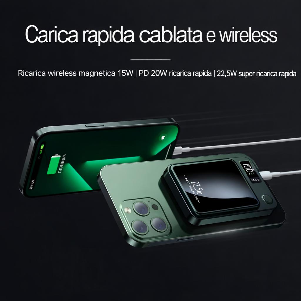 Power Bank Portatile 10000mAh Ultra-Sottile con Ricarica Magnetica Wireless